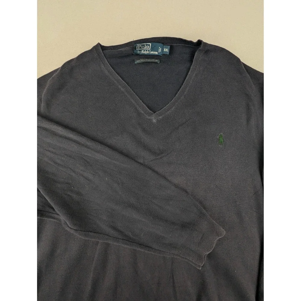 Polo‎ Ralph Lauren Mens XXL Navy Blue Pima Cotton V-Neck Sweater Green Pony Logo